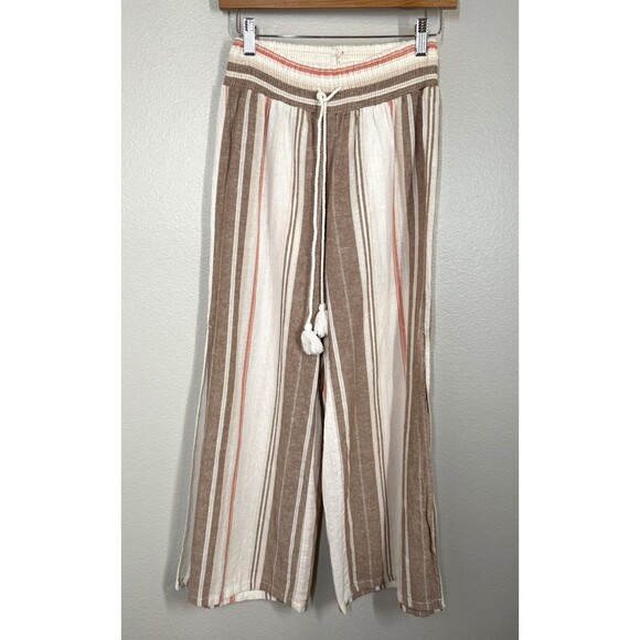 Cali 1850 Linen Cotton Pants Brown Cream Striped Slit Legs‎ Size S Beachy Boho - Picture 6 of 16